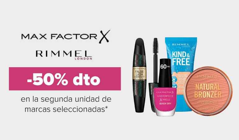 Descuento RIMMEL LONDON Y MAX FACTOR 